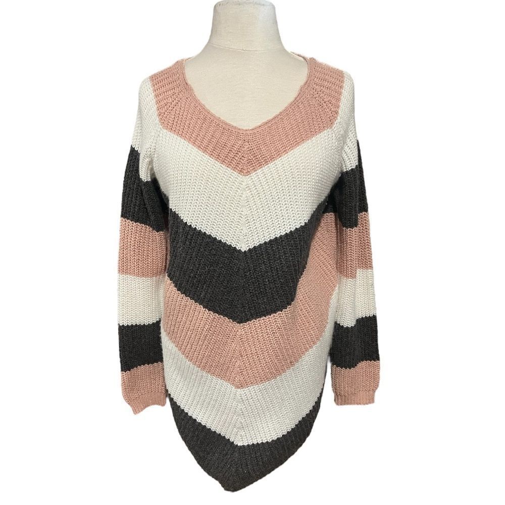 Vine & Love Pink Multi-Color Scoop Neck Color Block Sweater, Size Medium EUC